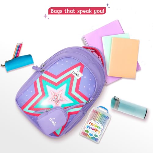 Image of Genie School Backpack for Girls |15 In-20 Ltr with Three Compartments,Side Pockets and Light Weight with Padded Shoulders |Best for Books,Stationery, Lunch Box & Essentials