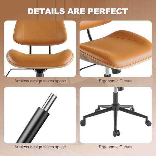 Image of Armless Office Chair with Wheels, PU Leather Adjustable Height Desk Chair - 360 Swivel Ergonomic Computer Chair for Small Space, Modern Walnut Style, Home & Meeting Room, Brown