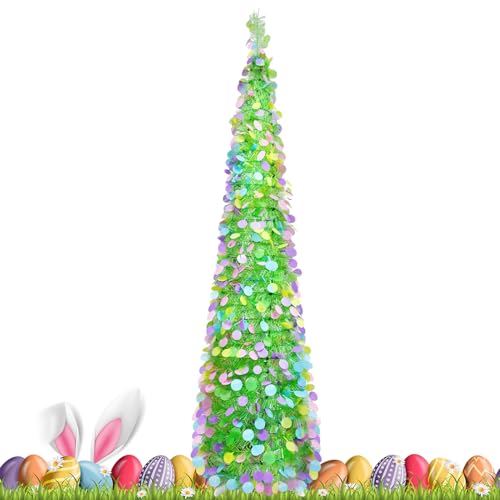 Huxibai Künstlicher Osterbaum - 150 cm Zusammenklappbare Osterdekoration - Faltbare Dekorationsbäume mit bunten Glitzerkreisen - Für Zuhause Wohnzimmer Party Frühling Eingangsbereich Wohnung Flur
