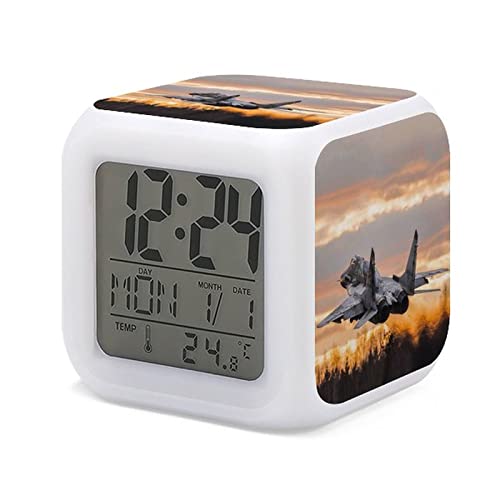 HUA5D Led Kinderwecker Digital Nachtlicht Kinder,Militärisches Thema Wake Up Light,7 Farbwechsel, Mit Datum Kalender Temperatur,(Mig-29),C11 Cover
