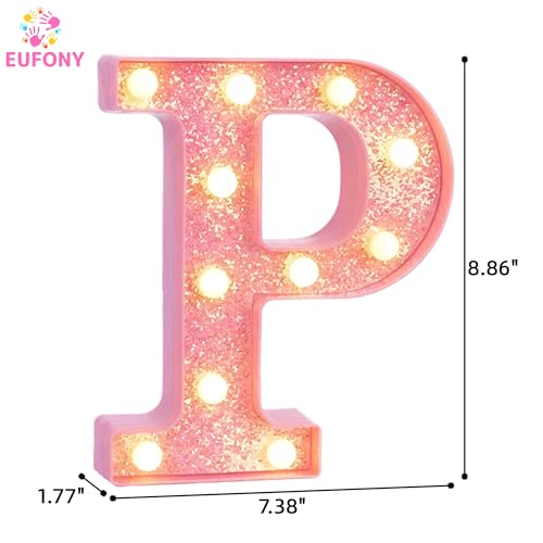 Image of Pink Marquee Light Up Letters, Glitter Alphabet LED Letter Lights for Pink Birthday Party Decorations, Battery Operated Letter Sign for Girls Room Vanity Table Decor, Warm White Lights Letter P