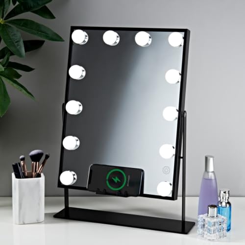 New Sleek and Stylish Vanity Mirror with Speaker, Built-in Bluetooth Speaker and Wireless Charging, Mains Operated With 3 Lighting Modes (BLACK)