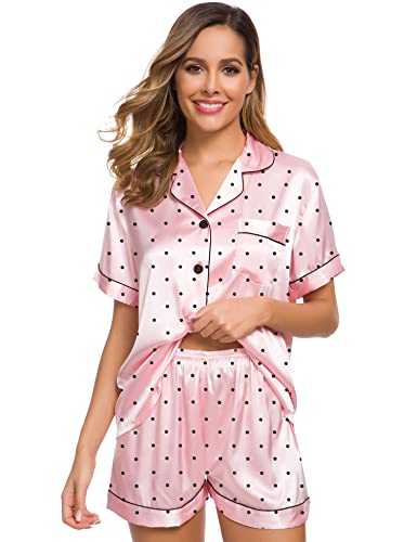 Image of SWOMOG Womens Silk Satin Pajamas Set Short Sleeve Sleepwear Button Down Top and Shorts Loungewear 2 Piece Pjs Set XS-3XL