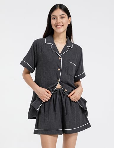 Image of Womens Muslin Pajama Set 100% Cotton Double Gauze Linen Like | Breathable Soft Comfort Button Up Loungewear Sleepwear PJ Set