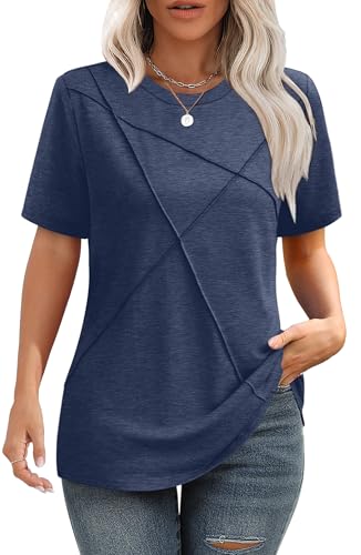 Image of XIEERDUO Womens Summer Tops 2026 Pleated Round Neck Short Sleeve Shirts Business Casual
