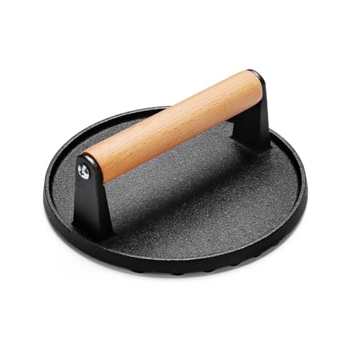 AUMAYCO Smash Burger Press Heavy Duty Cast Iron Non-Stick with Solid Wood Handle Bacon Press Round Burger Smasher Grill Press for Hamburger Meat Steak Sandwich Barbecue Grilling Tool