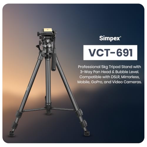 Image of Simpex VCT-691 Professional Camera Tripod Stand, 5kg Load Capacity with 3-Way Pan Head & Bubble Level, Compatible with DSLR, Mirrorless, Mobile, GoPro & Video Cameras(Black)