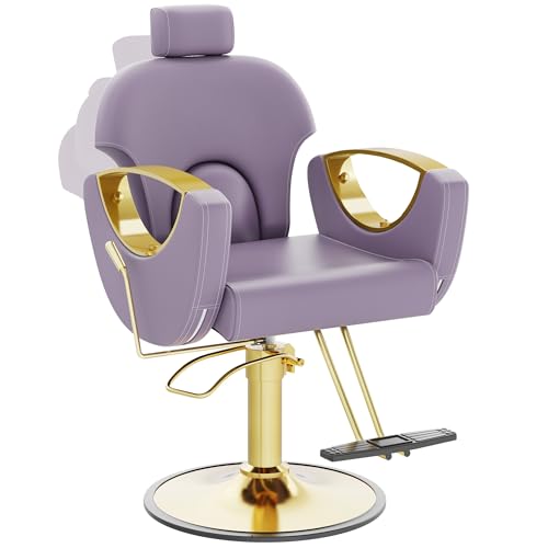 Image of Barber Chair, Reclining Hair Salon Chair, 360 Degrees Swivel Styling Chair, Height Adjustable Hydraulic Shampoo Chairs, Spa Equipment (Purple)