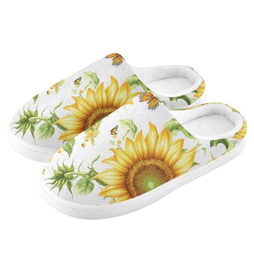 JUNZAN Cute Sunflower White Womens Cotton Slippers Breathable Memory Foam Ladies Slippers for Indoor Birthday Presents 6-74