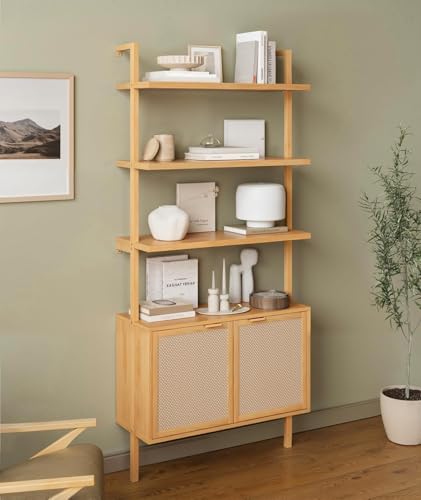 Giein 71in Rattan Ladder Bookshelf - 31.5in Wide Book Shelf with Storage, 6-Tier Bookcase with Doors for Living Room,Bookshelf with Cabinet, Oak