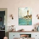 JZLDZS Large Lighthouse Coastal Canvas Art - Turquoise Teal Nautical Living Room Wall Decor - Gallery Wrapped 24x32 Inches
