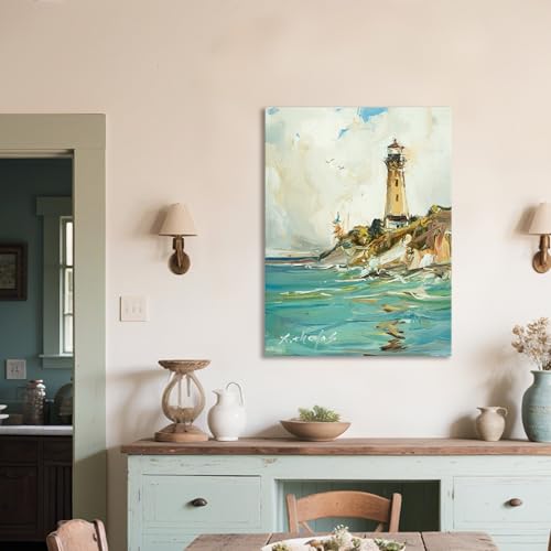 JZLDZS Large Lighthouse Coastal Canvas Art - Turquoise Teal Nautical Living Room Wall Decor - Gallery Wrapped 24x32 Inches