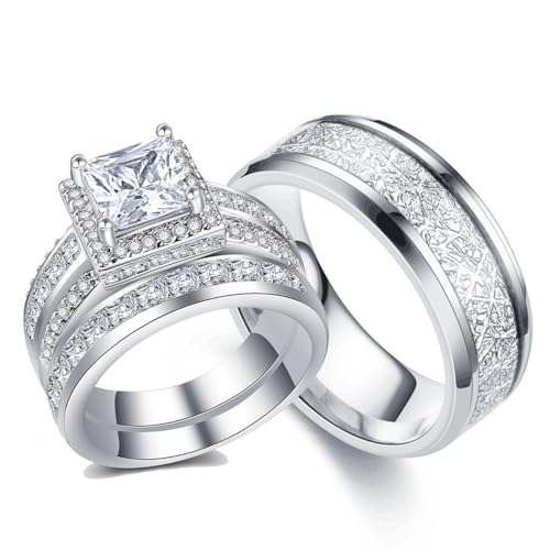 CEJUG Wedding Bands Sets for Him and Her Couples Wedding Rings Engagement Ring Bridal Ring Women Matching Men's CZ Carbide Titanium Band