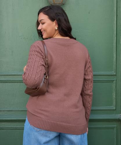 Image of CARCOS Plus Size Sweaters for Curvy Women Long Sleeve Cable V Neck Sweater Knit Pullover Preppy Style Fall Winter XL-5XL