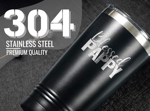 Image of Onebttl Pappy Gifts, Grandpa Father's Day Gifts from Grandchildren, Laser Engraved Design, 20oz /590ml, Stainless Steel Tumbler with Straw & Lid, Black - Blessed PAPPY