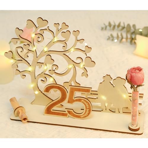ARTREE Geldgeschenk 25 Jahre Ehe Silberhochzeit Holz Deko mit Herzbaum & LED Geschenkidee zum 25. Hochzeitstag