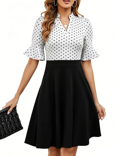 Image of Mokayee Womens Summer V Neck Ruffle Short Sleeve Fit and Flare Knee Length Church Wedding Guest Dresses with Pockets