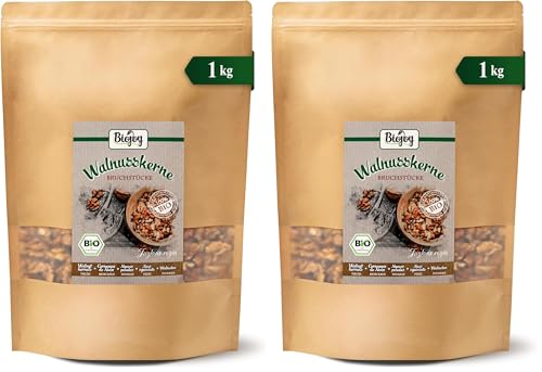 Biojoy Nueces Peladas Orgánicas (1 kg), crudas y trituradas, sin sal (Juglans regia) (Paquete de 2)