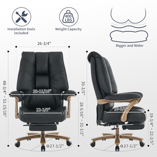 Image of EXCEBET Big and Tall Executive Office Chair with Footrest, 400LBS Capacity Ergonomic High-Back Desk Office Chair with Lumbar Support, Padded Armrests & Thick Cushion, Black PU Leather Chairs