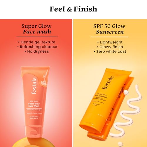 Image of Foxtale Bright Start Duo | Super Glow Face Wash with Vitamin C & Papaya Enzyme + SPF 50 Glow Sunscreen with Vitamin C & Niacinamide | Daily Tan Removal & Brightening | 100ml + 50ml | For Men & Women