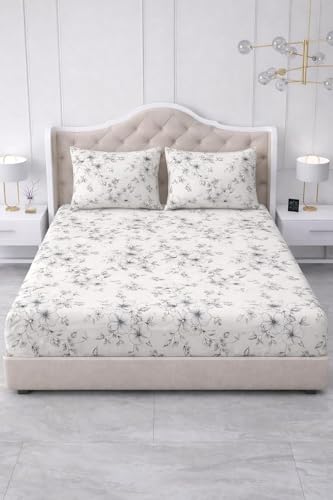 Image of 300 TC Cotton Feel Glace Cotton Elastic Fitted Bedsheet for King Size Double Bed | Fits up to 8 Inch Mattress | Printed Bedsheet with 2 Pillow Covers (White Black, Double Size - 72 inchx72 inch)