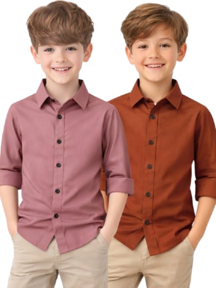 Image of YYQ Pack of 2 Boys Solid Cotton Blend Shirts - Full Sleeve Casual, Soft & Comfortable Spread Collar Shirts for Boys
