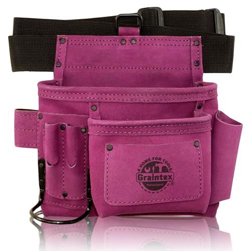 Graintex 5 Pocket Suede Leather Tool Belt/Bag | Purple | Multipurpose Leather Tool Belt for Women and Men | Construction, Electrician, Handymen, Carpenter, Gardening Pouch and DIY Projects