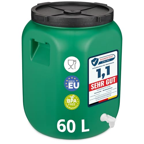 Garronda 60 litros con grifo Bidón de plástico, Barril alimentario en HDPE y sin BPA, depósito de agua, Barril universal de boca ancha, tonel de jardín, Contenedores de almacenamiento GD-0142, Verde