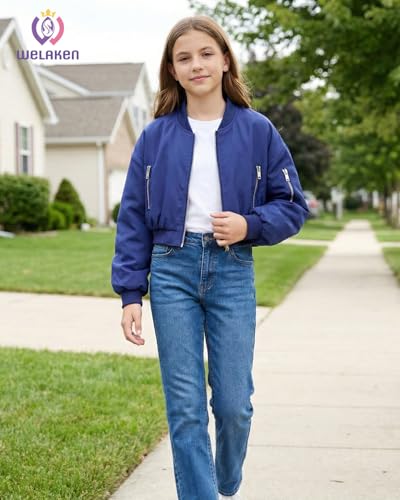 Image of WELAKEN Lightweight Multiple Pockets Zip Up Bomber Jacket for Girls Toddler & Kids II Little Girl's Casual Flight Crop Jacket