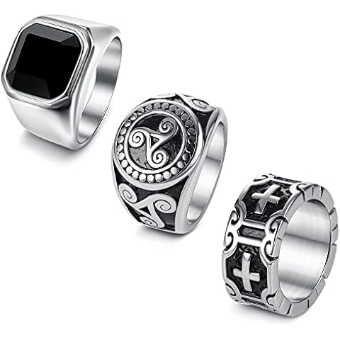 Florideco 3Pcs Stainless Steel Rings for Men Vintage Biker Band Rings Set Wide Signet Ring Silver Size 7-15, stainless steel, other Cover