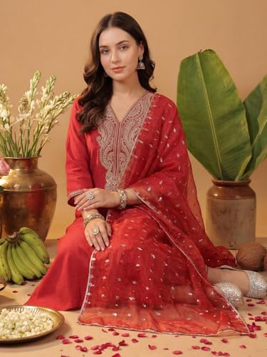 Image of INDO ERA Women's Liva Red Paisley Embroidered Sequinned Straight Kurta & Pant with Dupatta Set
