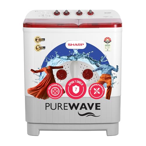 Image of SHARP 9.0 kg, 5 star, Semi-Automatic Top Loading Washing Machine with HydroBlast Wash, Quadroniq Pulsator, 1300 RPM (ES-SD90NB-PR, Ruby Red, Pure Wave)