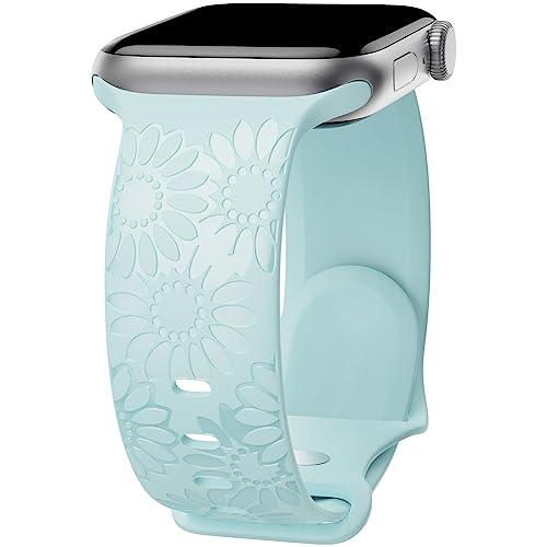 Image of Sunflower Engraved Band Compatible with Apple Watch Bands 38mm 40mm 41mm 42mm 44mm 45mm 49mm Women, Designer Soft Glossy Floral Silicone Strap for iWatch Series Ultra 11 10 9 8 7 6 SE 5 4 3 2 1