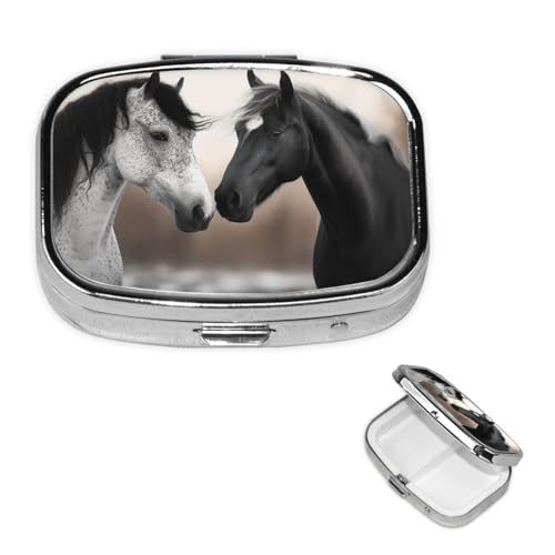 小さなピルケース 2つのコンパートメント、黒と白の馬のピルボックス 毎日の金属製ポータブルピルオーガナイザー ポケットパース トラベルピルボックス ミラースクエアメディシンビタミンホルダー付き ユニークなギフト