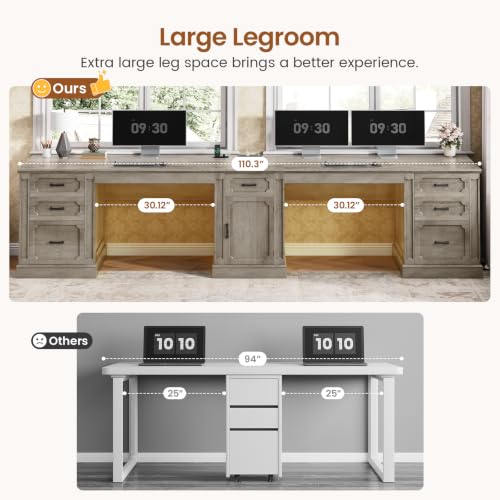 Image of SEDETA Farmhouse 110.3 inch Two Person Desk with 7 Drawers, Long Computer Desk with Storage Cabinet, 2 Person Desk with Power Outlets for Home Office, Gray