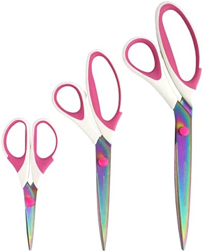 BambooMN Titanium Softgrip Scissors Set for Sewing, Arts, Crafts, Office - 1 set of 3 - White w/Pink Inlays