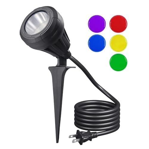 EDISHINE 120V LED Outdoor Spotlight, 5 Extra Lenses (RGB Purple Blue), 5.5W 5000K Plug in Spotlight Outdoor, Waterproof Landscape Light for Yard, Holiday Tree Flag Light, UL Listed Black 1Pa