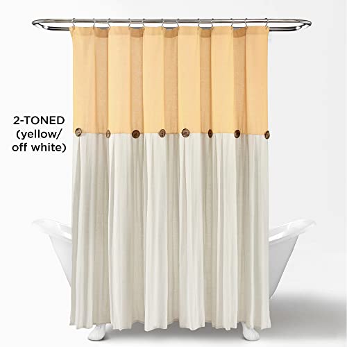 Image of Lush Decor Linen Button Farmhouse Shower Curtain Pleated Two Tone Design for Bathroom, 72 inch x 72 inch, Yellow & Off-White - DISCONTINUED