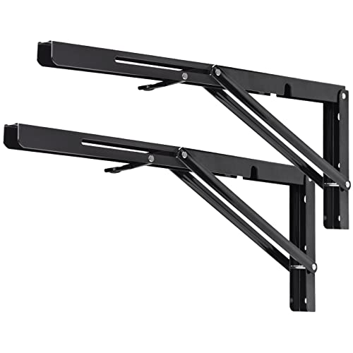 Image of YUMORE 18 Inch Folding Shelf Bracket, Heavy Duty L Bracket, Black, 2 Pack | 330 LB Load Capacity, Foldable Locking Design, Easy Release Lever, Easy Installation, Includes Hardware