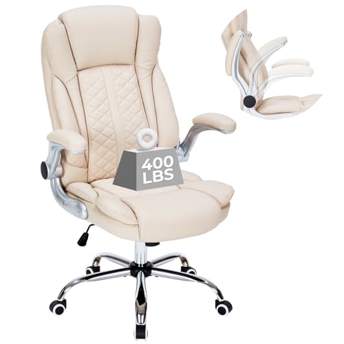 400lbs Executive Office Chair with Flip-Up Armrests, Big and Tall Computer Chair for Heavy People, Heavy Duty Ergonomic Comfy Chair, Breathable PU Leather (Cream)