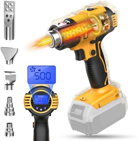 Close-up product image showing the heat gun's body and LCD display.