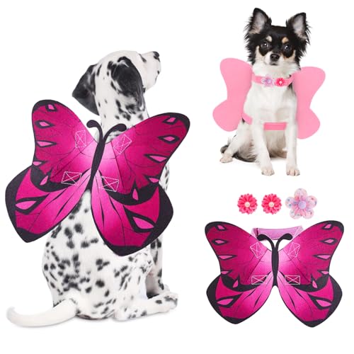 Dog Costume Butterfly Wing for Dogs Cats Dog Halloween Costumes for Small Medium Large Dogs Cat Fairy Wings Pet Costumes for Christmas Puppy Clothes Outfit with 3PCS Flowers Halloween Decorations
