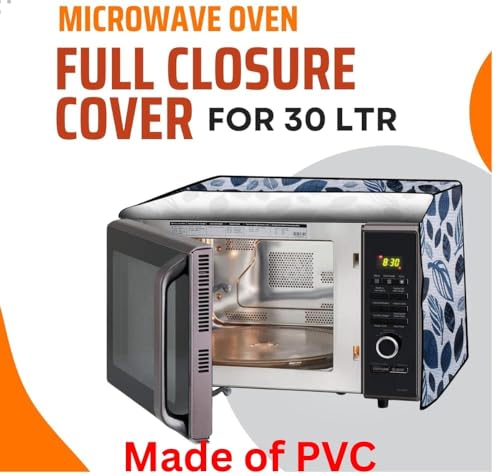 Image of PVC Microwave Oven Cover for IFB 30L 30BRC2 | Full Closure Zip | Waterproof & Dustproof | Attractive Digital Print | Wipe Clean | Stain Resistant | 48 x 53 x 34 cm | Blue Grey Leaf Design