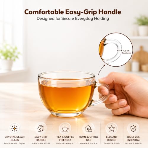 Image of QNQ Clear Glass Cup Transparent Glass with Handle for Coffee, Tea & Milk, Premium Glassware for Hot Beverages (Pack of 2 (12 Pieces), Round)