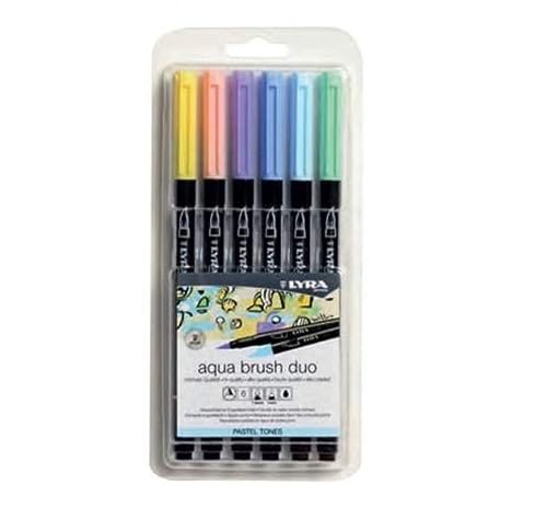 LYRA L6521061 Aqua Brush Duo, Fine Art Brush Marker Set, Dual Tip, 6 Assorted Pastel Tone Colours, Water Soluble Pens, Ideal for Professionals & Students