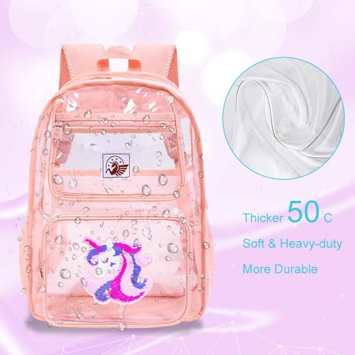 Image of AGSDON 3PCS Clear Backpack for Girls, Kids Unicorn Transparent Backpack with Heavy Duty PVC, See Through Backpacks with Lunch Bag-Pink