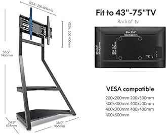 FITUEYES Design Corner TV Stand with Wheels for 43 55 65 70 75 Inch TV, Black TV Cart Floor Stand, Modern TV Stand with Wooden Storage Shelves, Eiffel Series