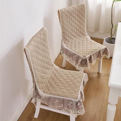 Image of HOMETHREADS Vintage Dining Chair Protector Cover, Quilted Cotton with Lace Frills, Easy Slip-On Design, Protects Seat & Backrest While Keeping Chair Visible, Washable & Reusable, Khaki (Pack of 2)