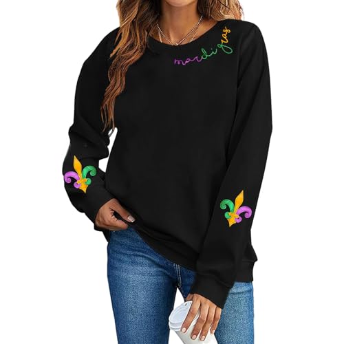 Wakefulness Youth Mardi Gras Sweatshirts for Women Mardi Graphic Long Sleeve Fat Tuesday Crewneck Pullover Top Black