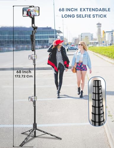 Image of Cason Long 69 Inch Selfie Stick for iPhone & Mobile, Portable Tripod with Bluetooth Remote- Selfie Stand for 2 Mobile Phones (Horizontal,Vertical) & Camera(Black)